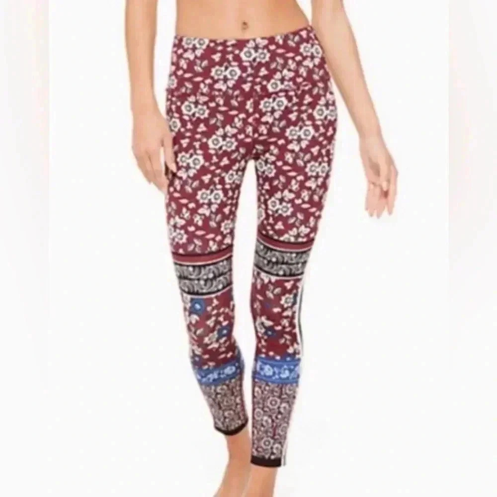 kate spade Burgundy Floral Print Leggings with Blue Accent Small